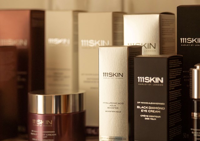 Assortment of 111Skin luxury skincare products, featuring various serums, creams, and eye treatments.