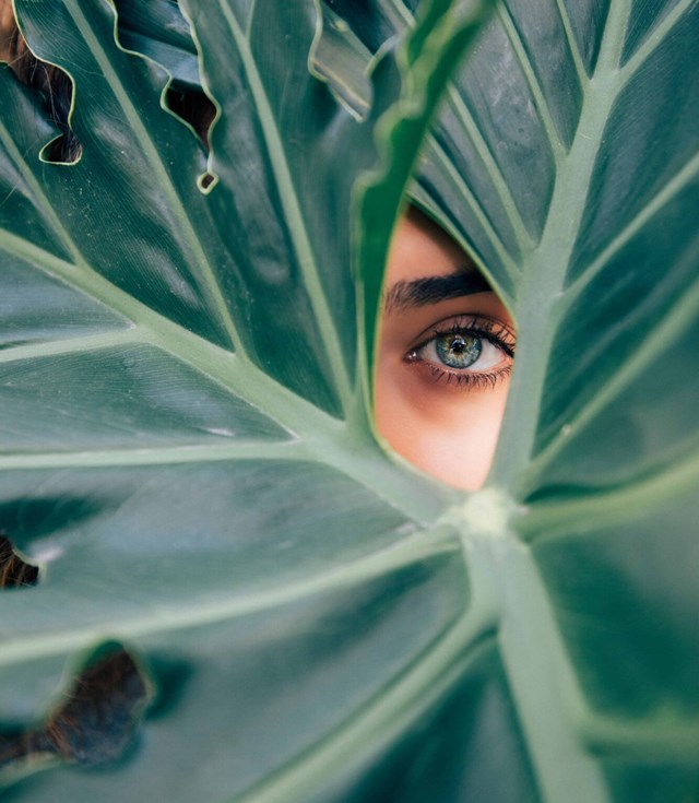 A woman partially hidden, peeking out from behind a large green leaf, creating a sense of curiosity and intrigue.