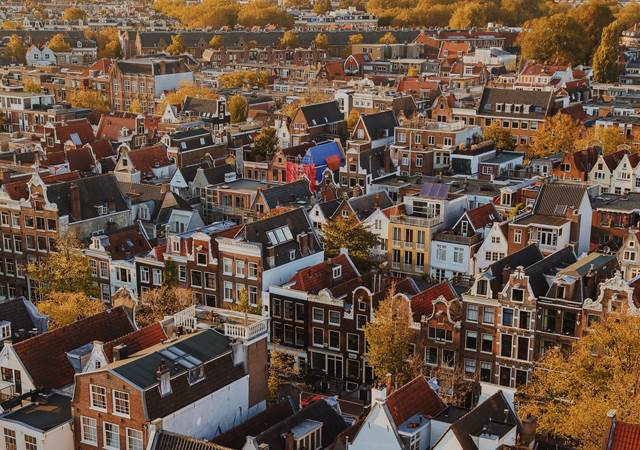 Rooftop view of Amsterdam's historic houses with steep gables and autumn foliage in warm sunlight.